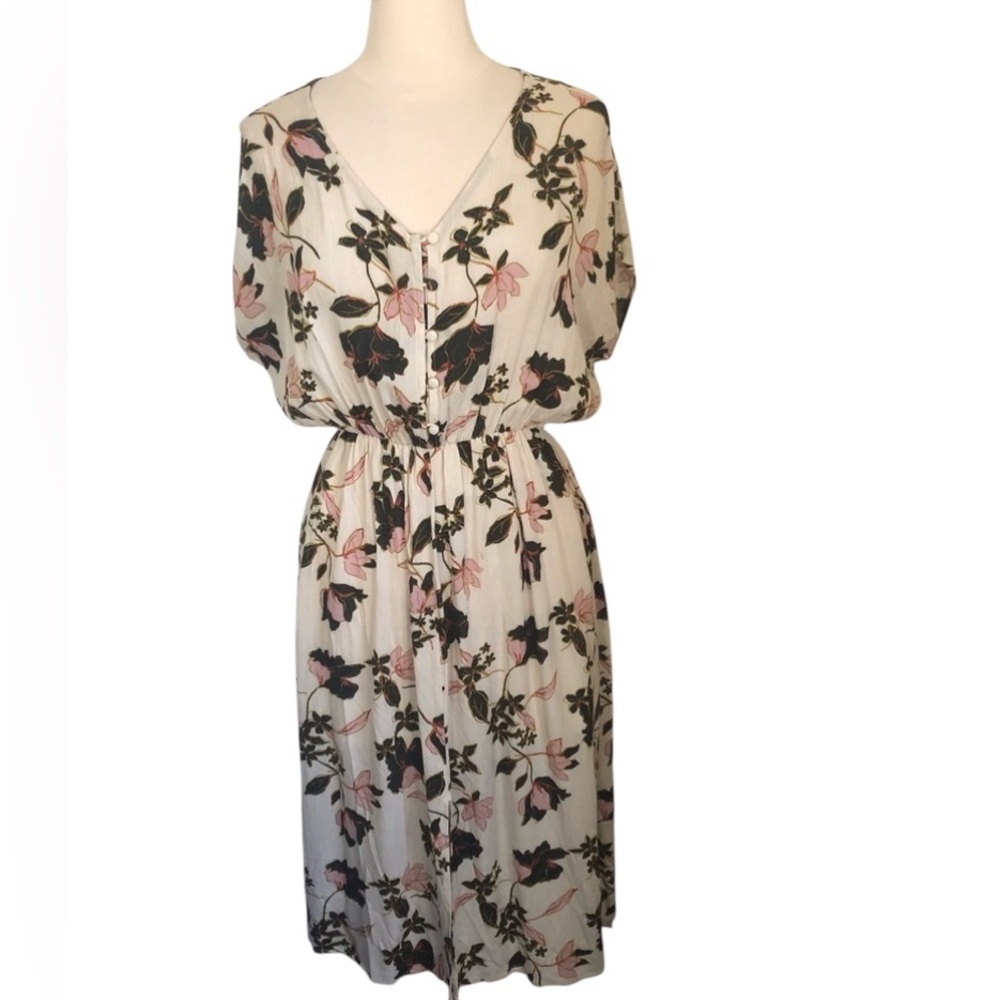Bobeau floral print pullover v-neck woven jersey fabric midi Dress Size Small